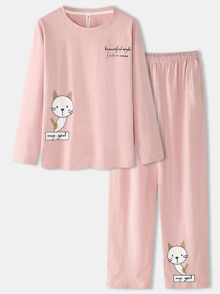 Vrouwen Cartoon Kat Print Lange Mouw Trui Elastische Taille Pocket Broek Roze Thuis Pyjama Set