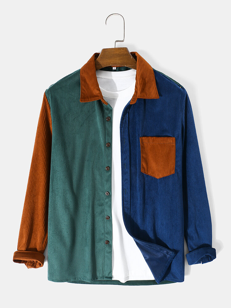 Heren patchwork corduroy overhemd met kleurblokken en zak