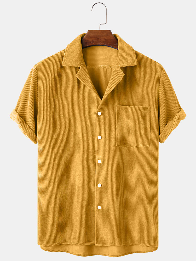 

Thin Corduroy Solid Revere Collar Chest Pocket Short Sleeve Shirts