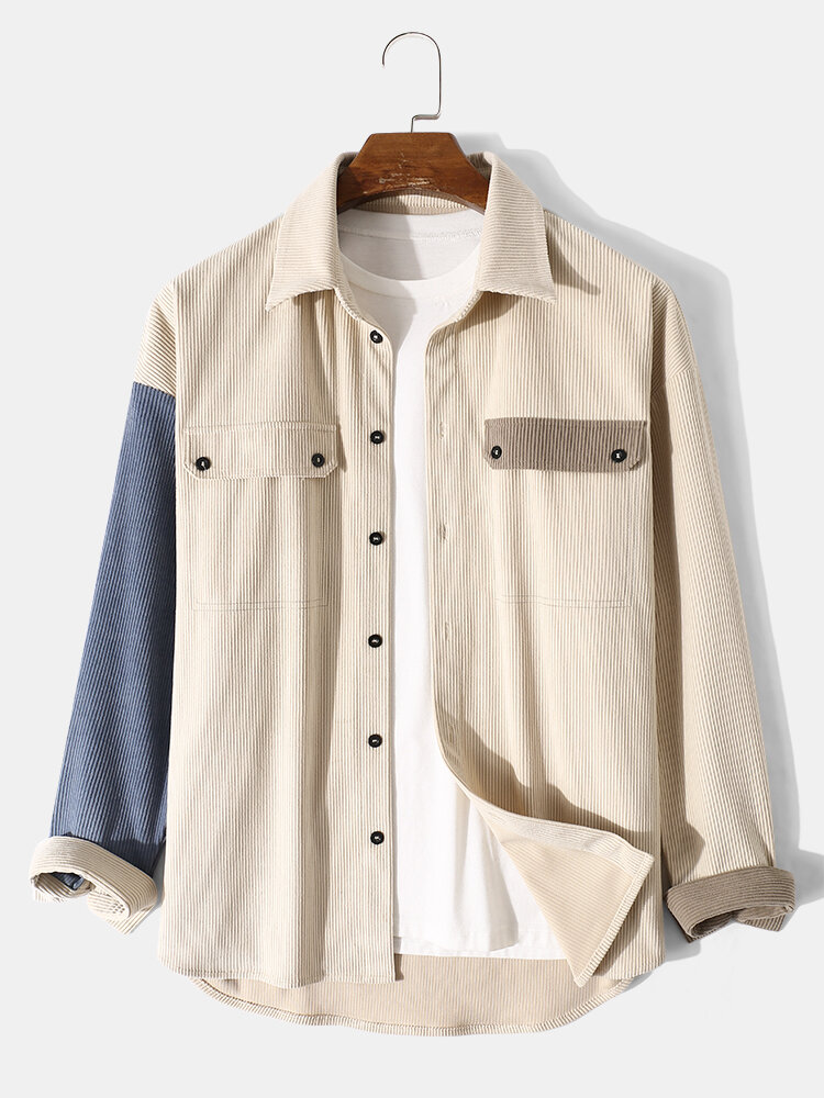 

Men Corduroy Flap Pocket Contrast Stitching Button Casual Shirts