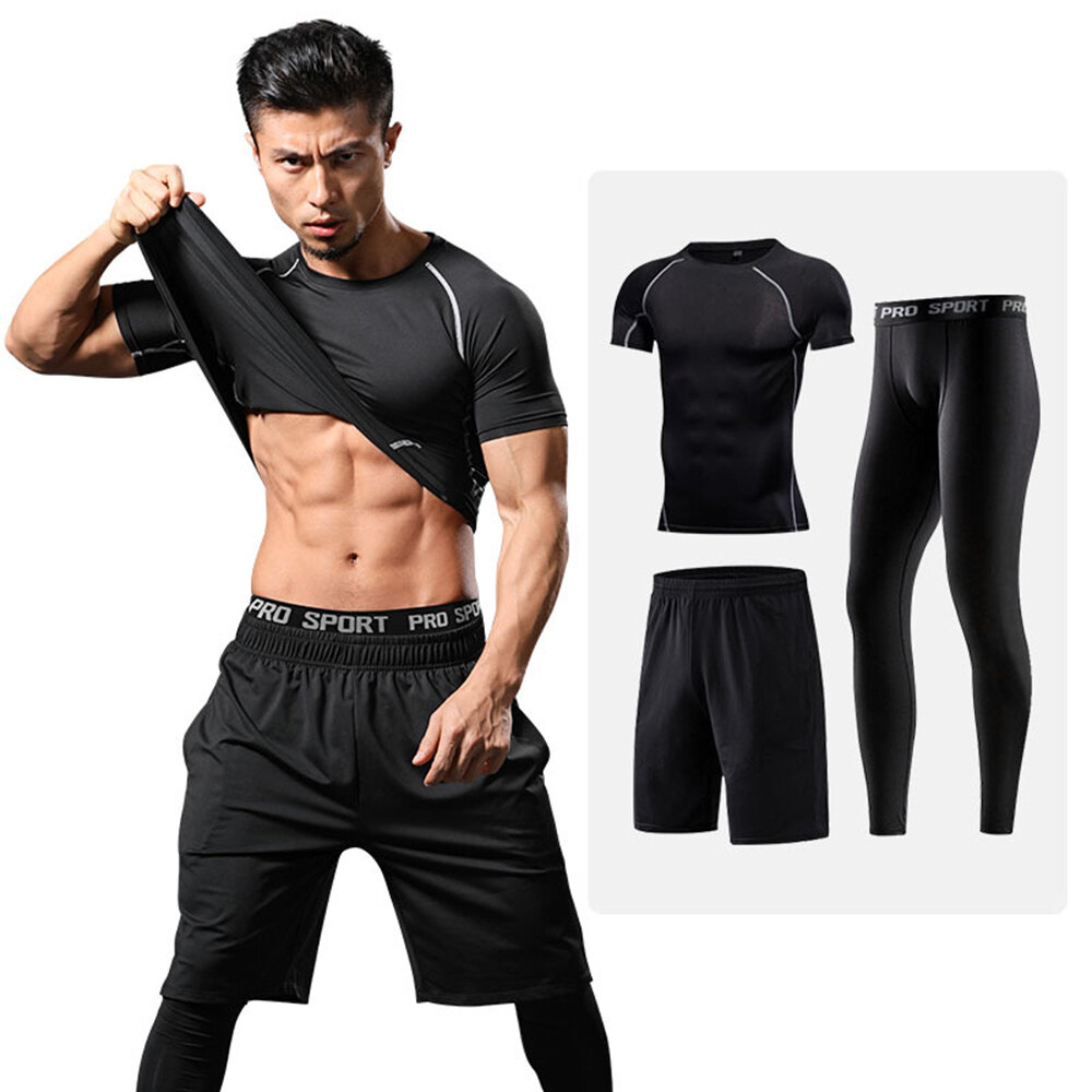 3 pcs Men's Tight Sports Stretch Clothes Set Short Sleeve Shirt+Trousers+Shorts Quick-drying Breatha