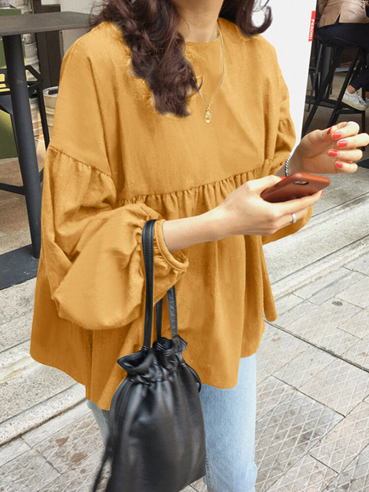 Women Solid Color Stitching Pleating Casual O-Neck Long Sleeve Blouse