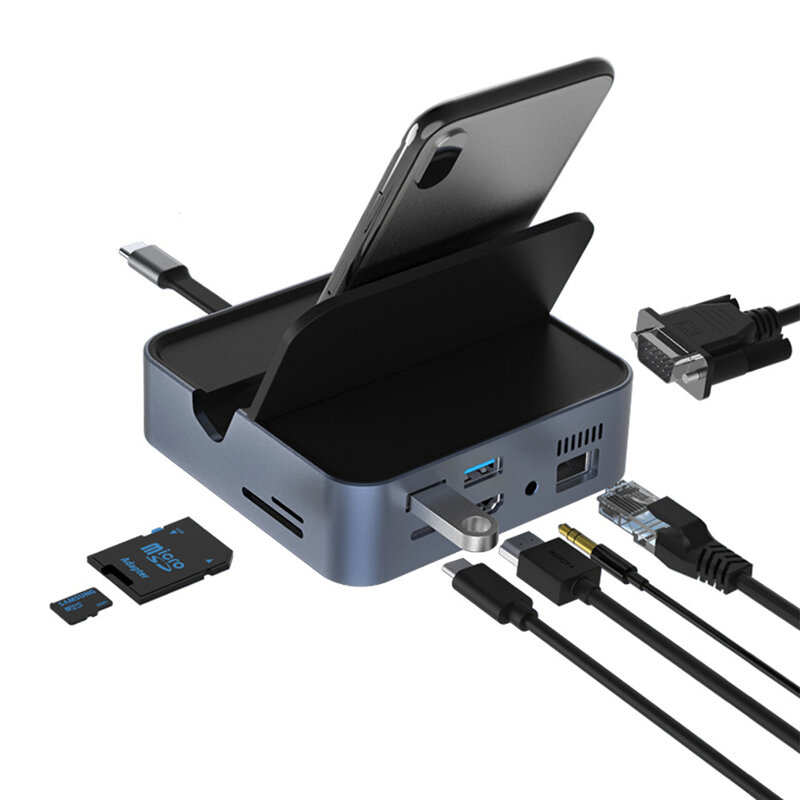 

Bakeey 9 In 1 USB Type-C Hub Docking Station Adapter With 4K HDMI Display / 1080P VGA / 100W USB-C PD3.0 Power Delivery