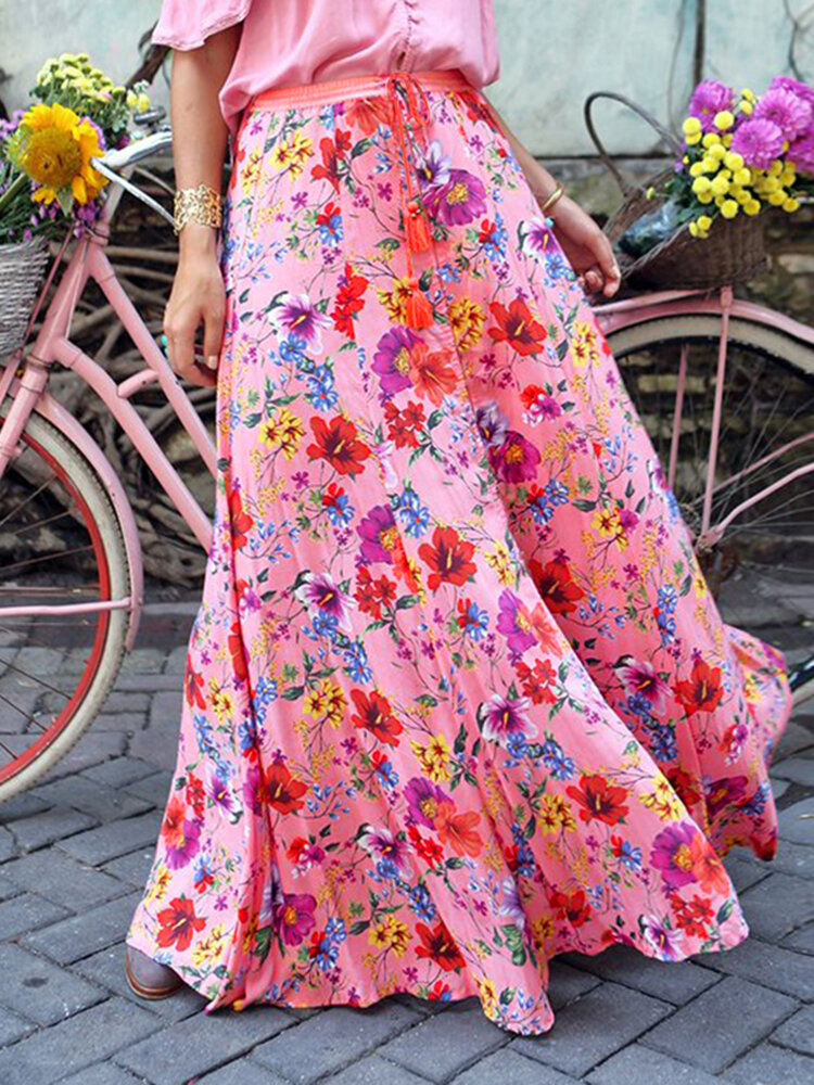 Colorful Floral Print Big Swing Elastic Waist Holiday Casual Long Skirt For Women