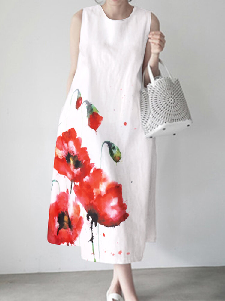 Dames O-hals bloemenprint mouwloos casual stijlvolle losse pasvorm dagelijkse midi-jurk