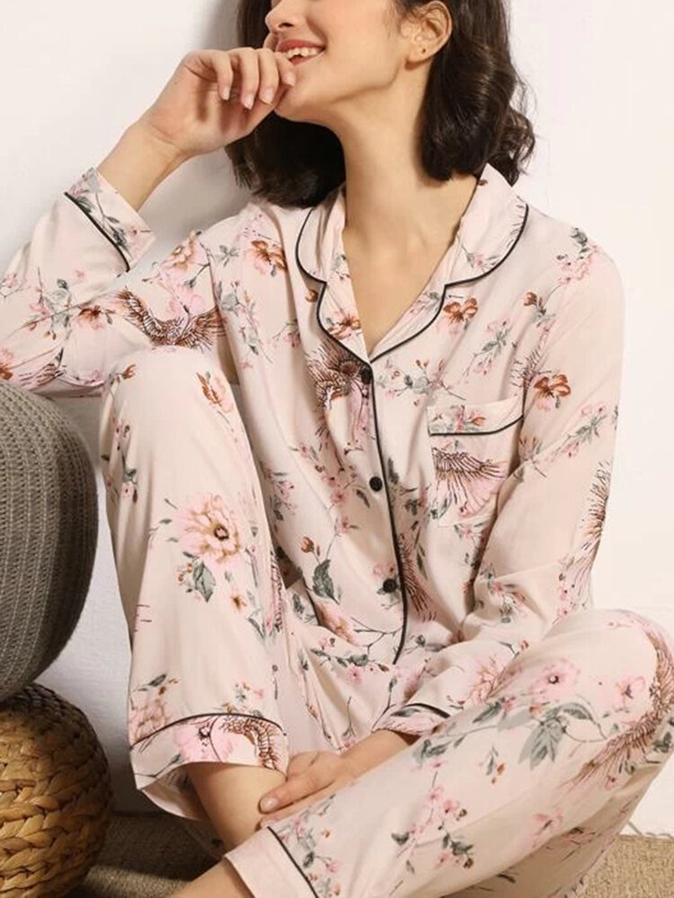 

Женский цветочный принт, воротник, нагрудный карман, длинный рукав, Рубашка и Брюки, домашний пижамный комплект