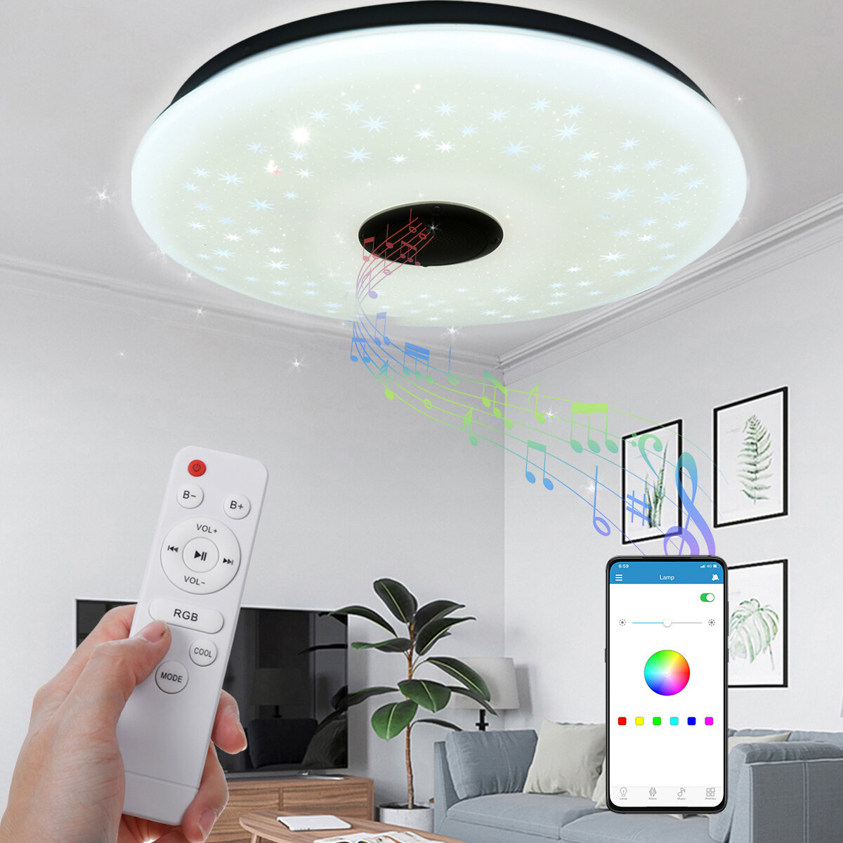 

40CM 36W AS102 LED RGB Music Ceiling Lamp APP+Remote Control Work with Google Home Alexa 220V/85-265V