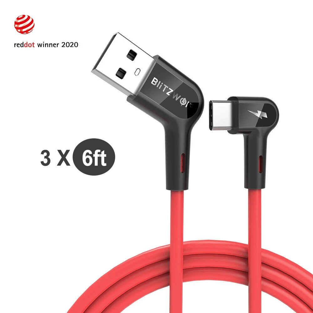 

[3 Pack] Blitzwolf® BW-AC1 3A 90°Right Angle USB A to Type-C Data Cable 6ft Reddot Award 2020 for Gaming Phone Huawei P3