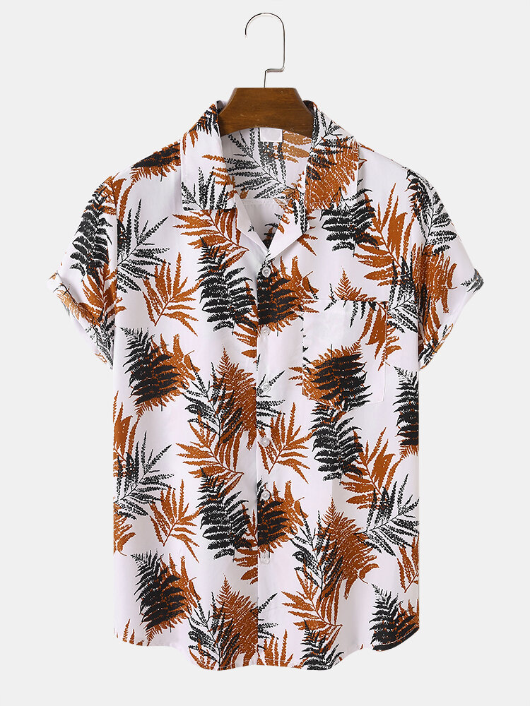 Men Graphic Contrast Leaf Print Chest Pocket Hem Cuff Holiday Shirts