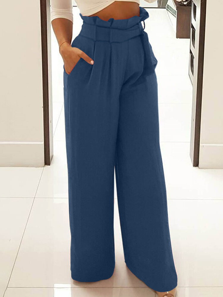 Women Wide-Legged Loose Maxi Length Zipper Pleated Side Pockets Pants