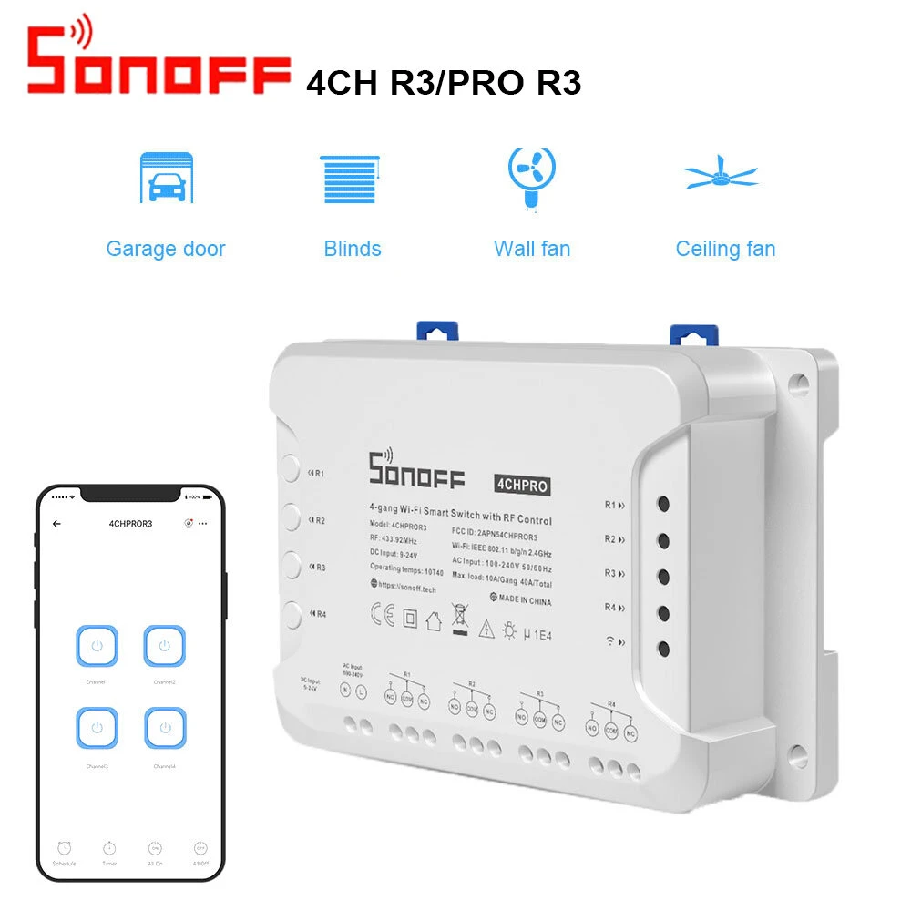 SONOFF 4CH R3 & 4CH PRO R3 AC100-240V 50/60Hz 10A 2200W 4 Gang WiFi DIY Smart Switch Inching/Self-Locking/Interlock 3 Working Mode APP Remote Control Switch Works with Alexa and Google Home - 4CHPROR3
