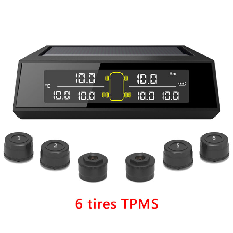 

Universal Solar Energy 6 Tyre Sensor Solar TPMS Wireless Tire Pressure Monitoring System for Truck Bus RV Oversize Vehic