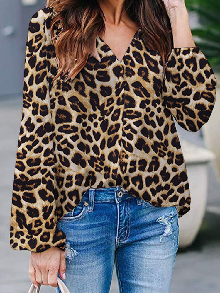 Casual blouse met luipaardprint en V-hals en lange mouwen