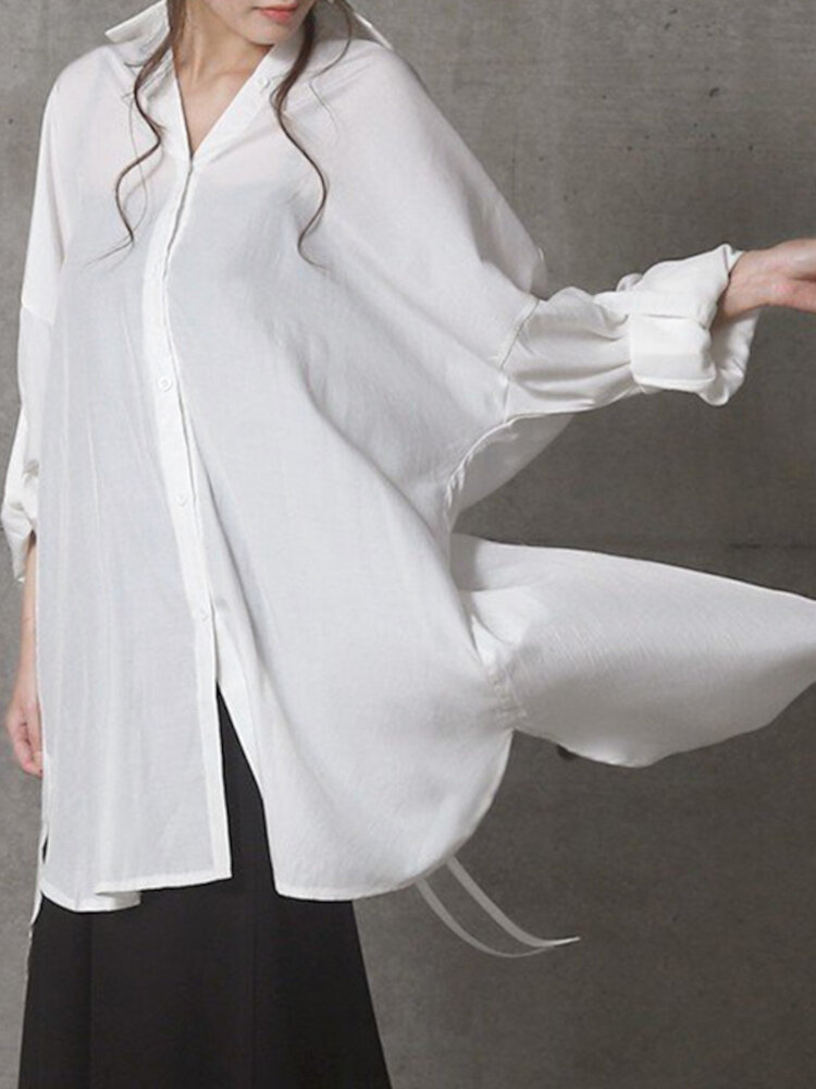 

Большие размеры Женское Повседневные удлиненные рубашки с завязками на спине и длинным рукавом с высоким низким низом