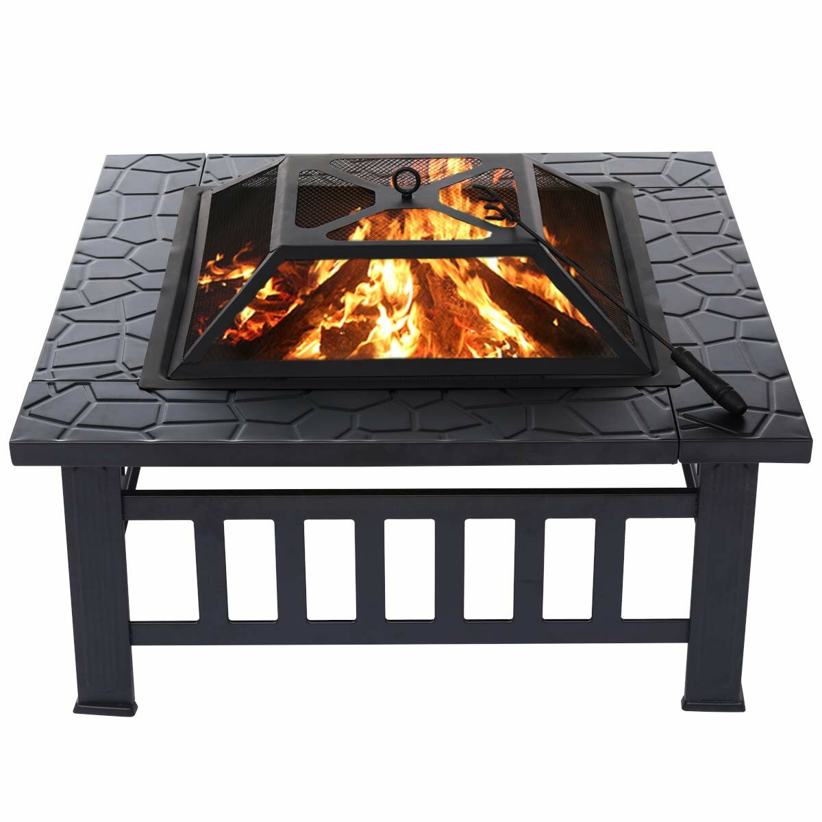 32inch Outdoor Fire Pit Metal Square Wood Burning Stove BBQ Grill Pit Bowl with Spark Screen Cover Log Grate Poker Outdoor Camping Picnic