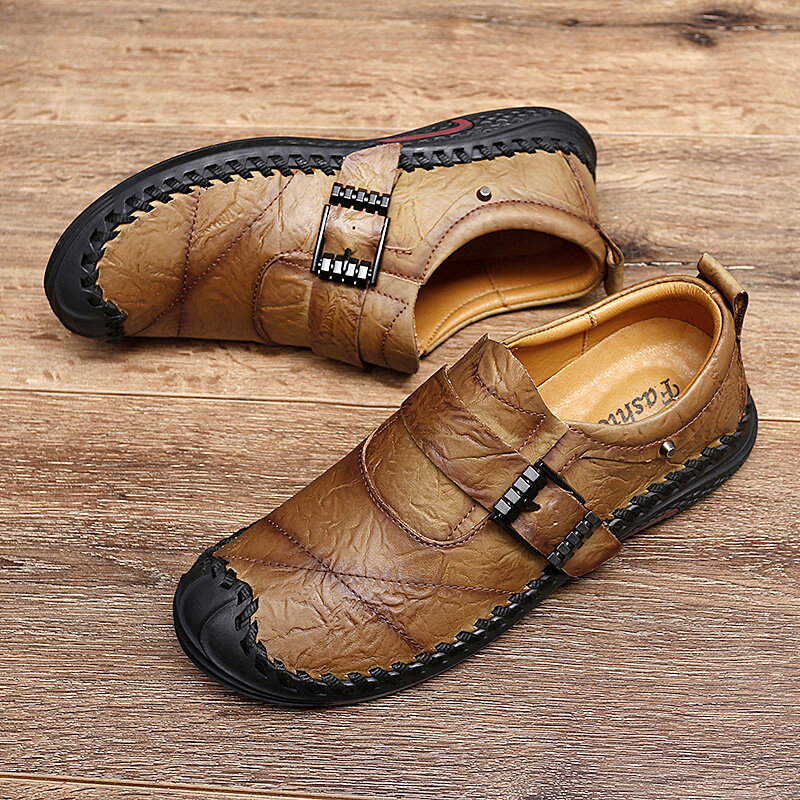 Men Leather Hard Wearing Non Slip Buckle Brief Stitching Casual Shoes