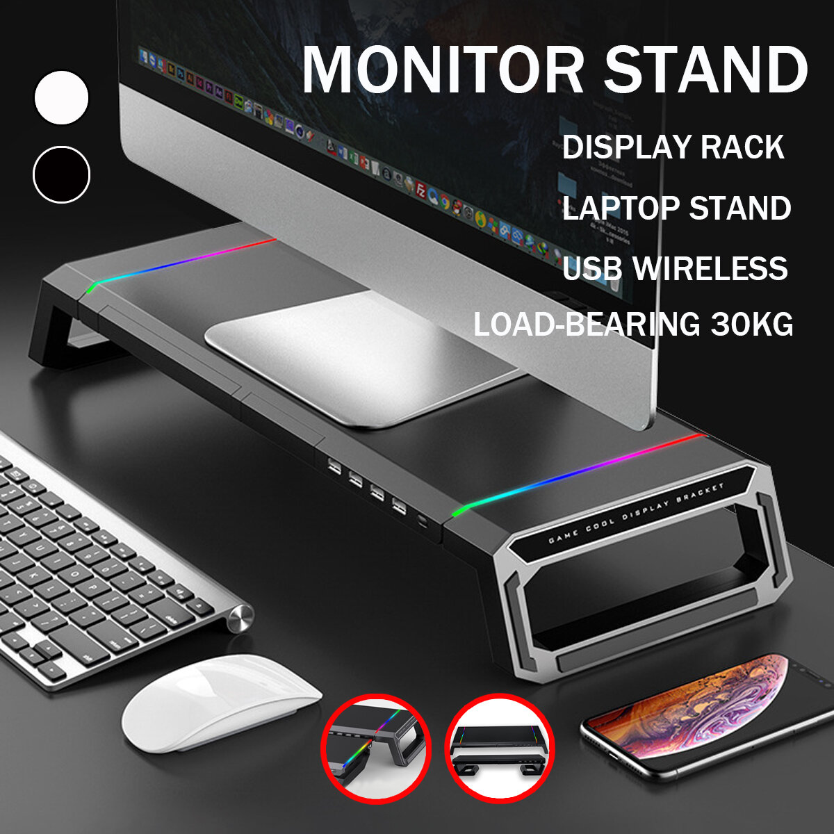 ICECOOREL T1 RGB-verlichting voor iMac Monitor Riser Stand met 4 USB 3.0-poorts telefoonhouder opber