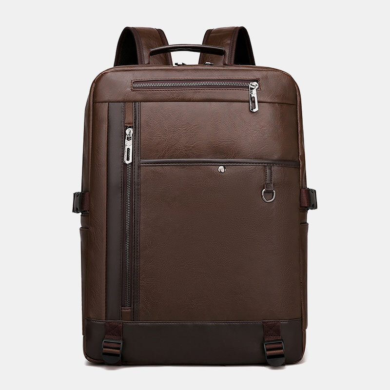 Men USB Charging Multi-pocket PU Leather Backpack Fashion Casual Large Capacity 15.6 Inch Laptop Bag
