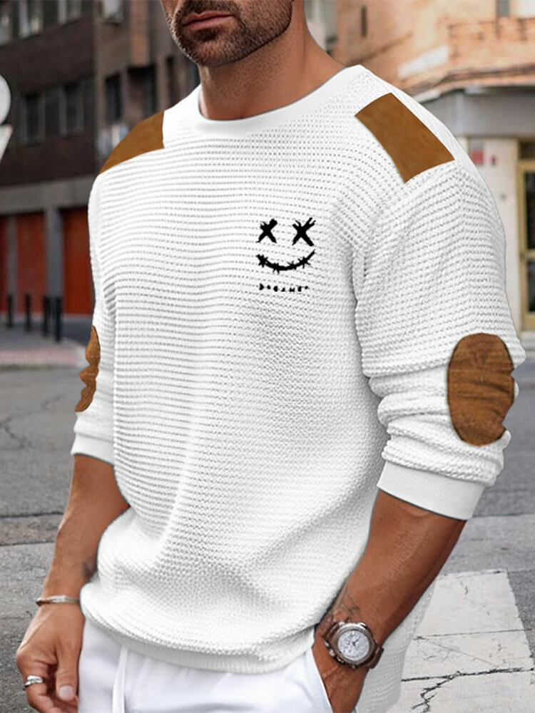 

Mens Smile Embroidered Contrast Patchwork Crew Neck Pullover Sweatshirts