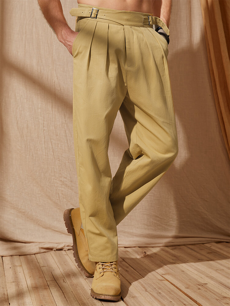 Men Solid Color Belted Buckle Designed Ankle Length Pants