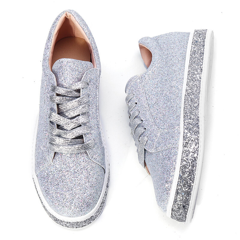 Nis Damen Frühling Sequin Glitter Bling Sneakers Casual Lace Up Flats Casual Platform Schuhe.
