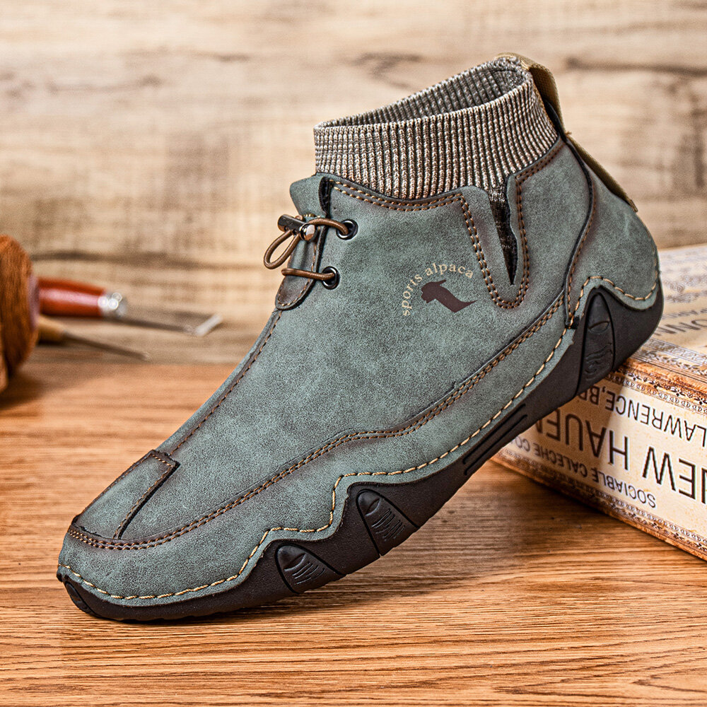 Men Microfiber Leather Breathable Hand Stitching Soft Sole Splicing Comfy Casual Ankle Boots