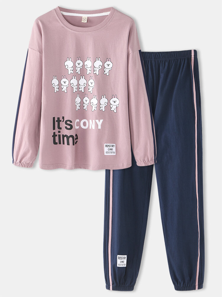 Vrouwen Cartoon Konijnen Print Lange Mouw Elastische Taille Joggingbroek Thuis Katoenen Pyjama Sets