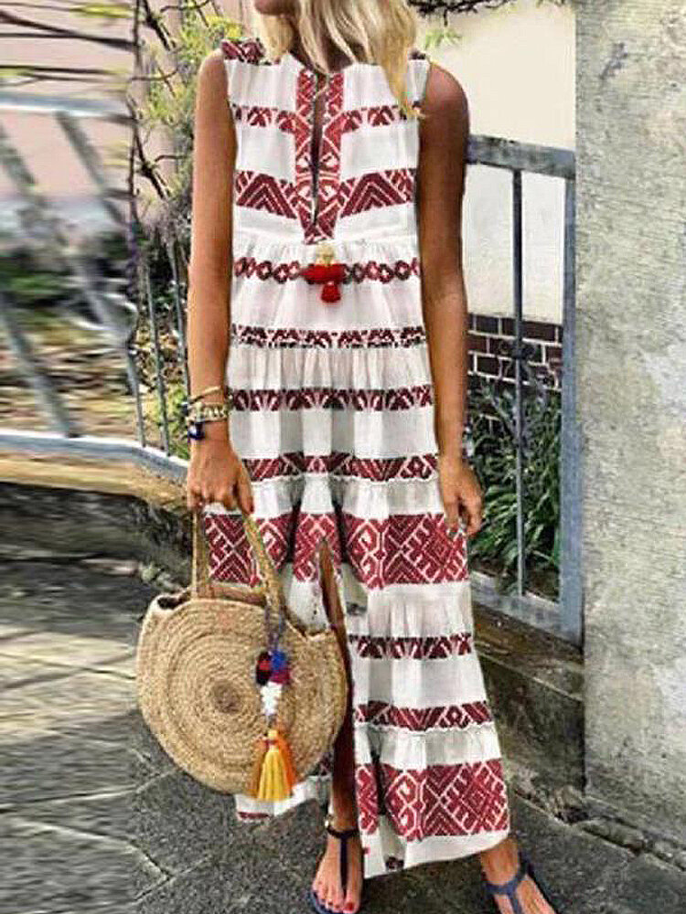 Women Ethnic Print Stripe Sleeveless Vintage Bohemian Maxi Dresses