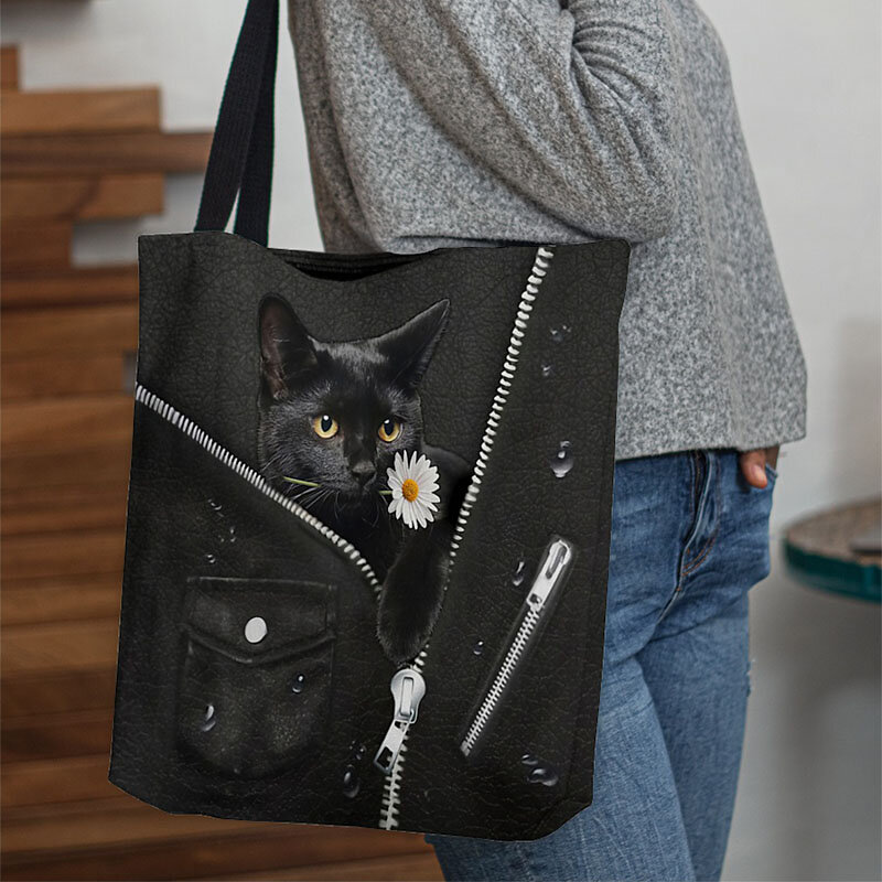 Women Canvas Cute Three-dimensional 3D Black Cat With Flower Pattern Shoulder Bag Handbag Tote