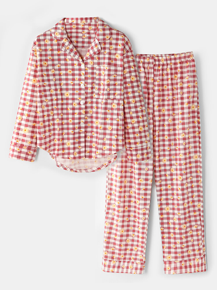 Dames Plaid Bloemenprint Revere Kraag Shirt Elastische taille Losse broekzak Pyjamaset