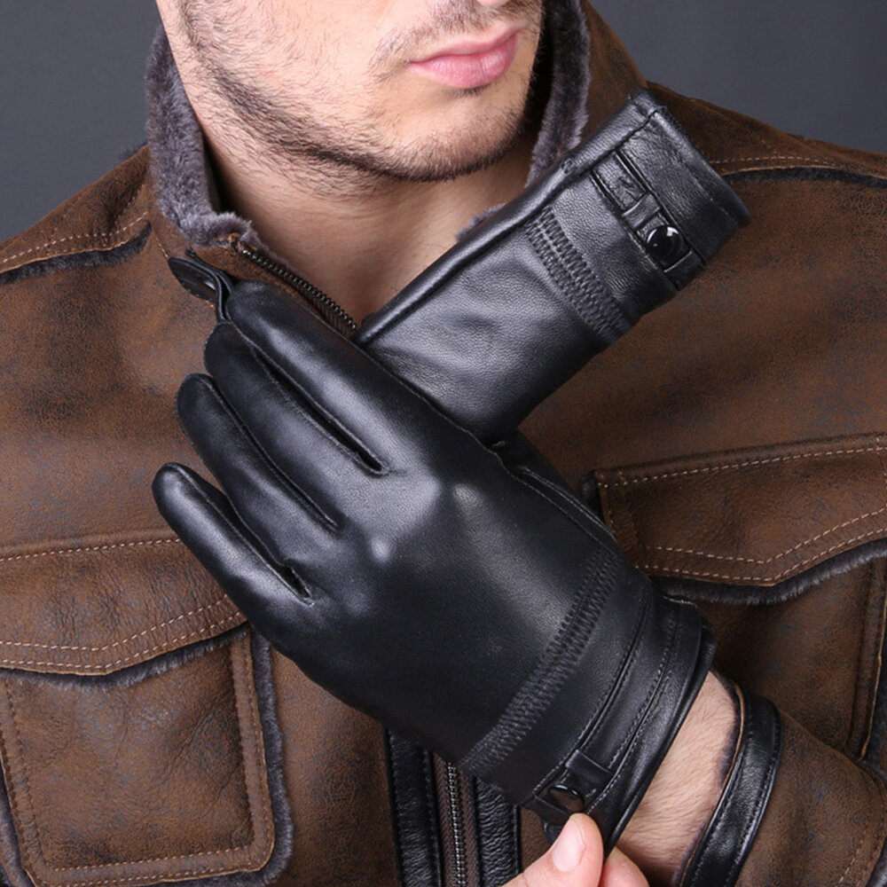Men Sheepskin Winter Warm Plus Velvet Thicken Full-finger Gloves Outdoor Windproof Riding Driving Gl