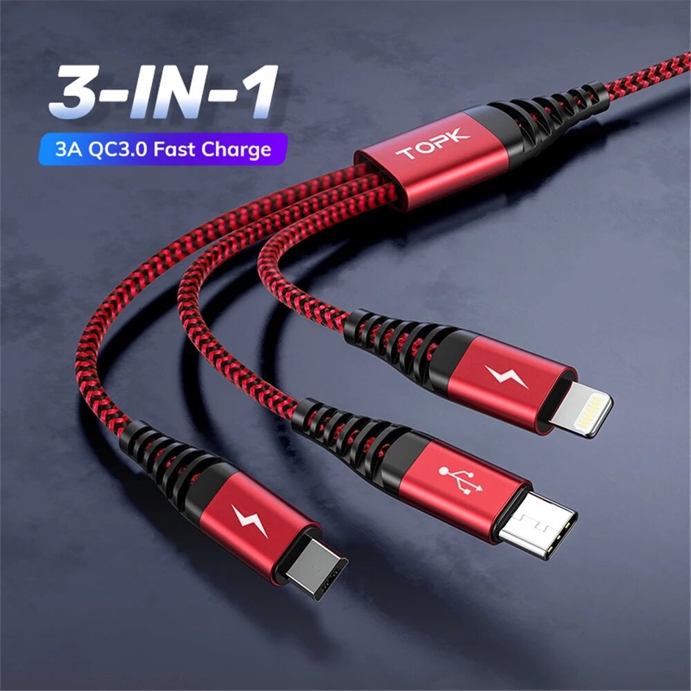 

[5Pcs Red] TOPK AN24 3-in-1 Data Cable Fast Charging Data Transmission Cord Line 1.2m long For iPhone 12 XS 11Pro for Sa