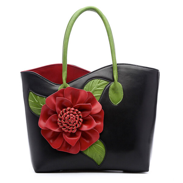 Women PU Leather Flower Decoration Elegant Handbag Sling Bag National Style Tote Bag