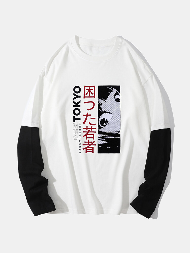 Men Japanese Anime Tokyo Print 100% Cotton 2 In 1 Long Sleeve T-Shirts
