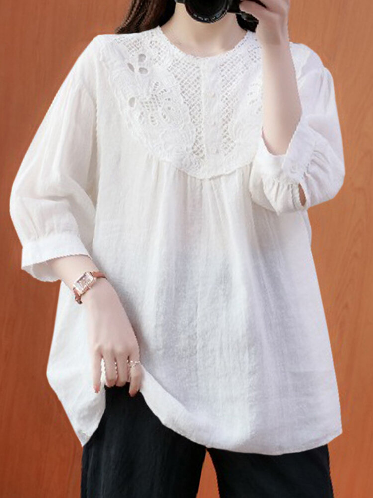 100 Cotton Solid Spliced Puff Sleeve Lace Casual Blouse For Women