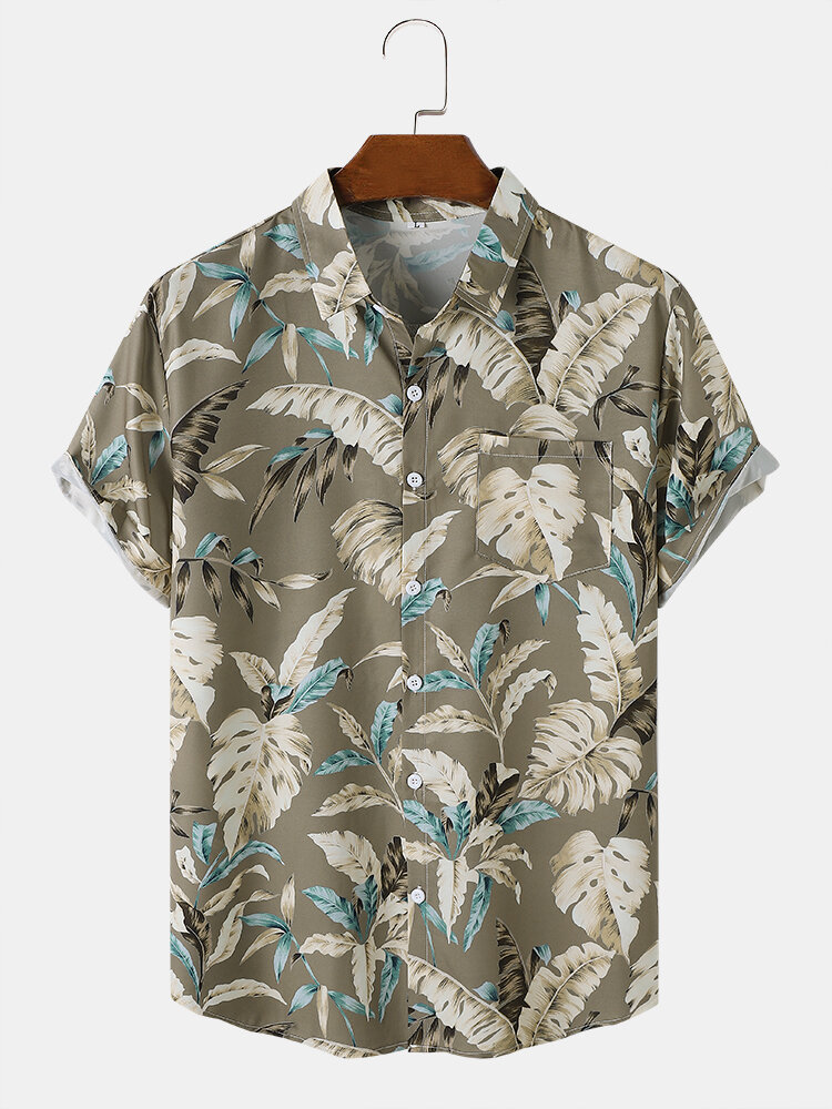 

Mens Tropical Leaf Print Holiday Short Sleeve Shirts With Pocket