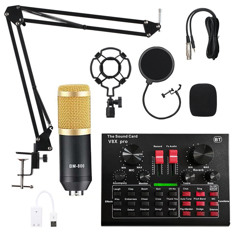 BM800 Live Sound Card V8 Condenser Microphone Recording Mount Boom Stand Mic Kit for Live Broadcast K Song