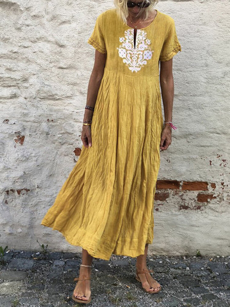 Women Cotton Simple Tribal Print Short Sleeve Bohemia Maxi Dresses