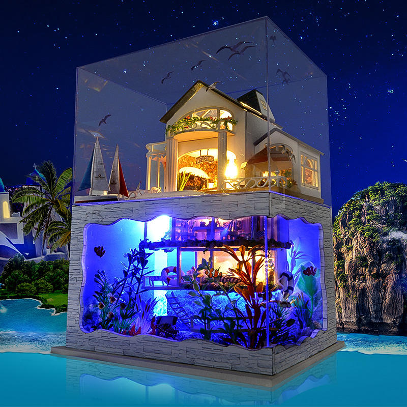 T-Yu Hawaii Villa DIY poppenhuis miniatuur Model Doll House met licht Cover extra cadeau Decor colle