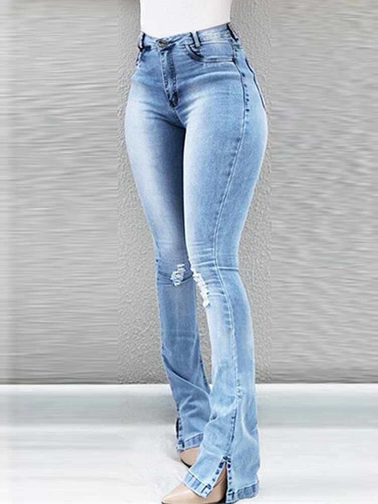 3 Colors Women Hollow Ripped Flare Jeans
