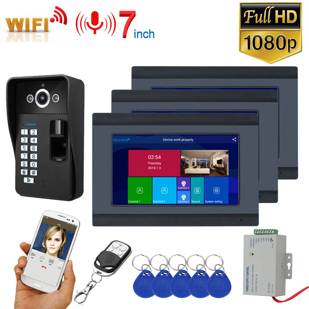 

ENNIO 7 inch3 Monitors Wifi Wireless Fingerprint RFID Video Door Phone Doorbell Intercom System with Wired AHD 1080P