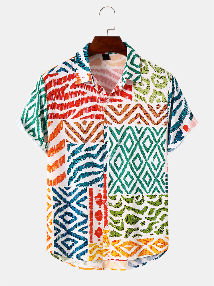 Mens Geometric Ornament Print Short Sleeve All Matched Shirts
