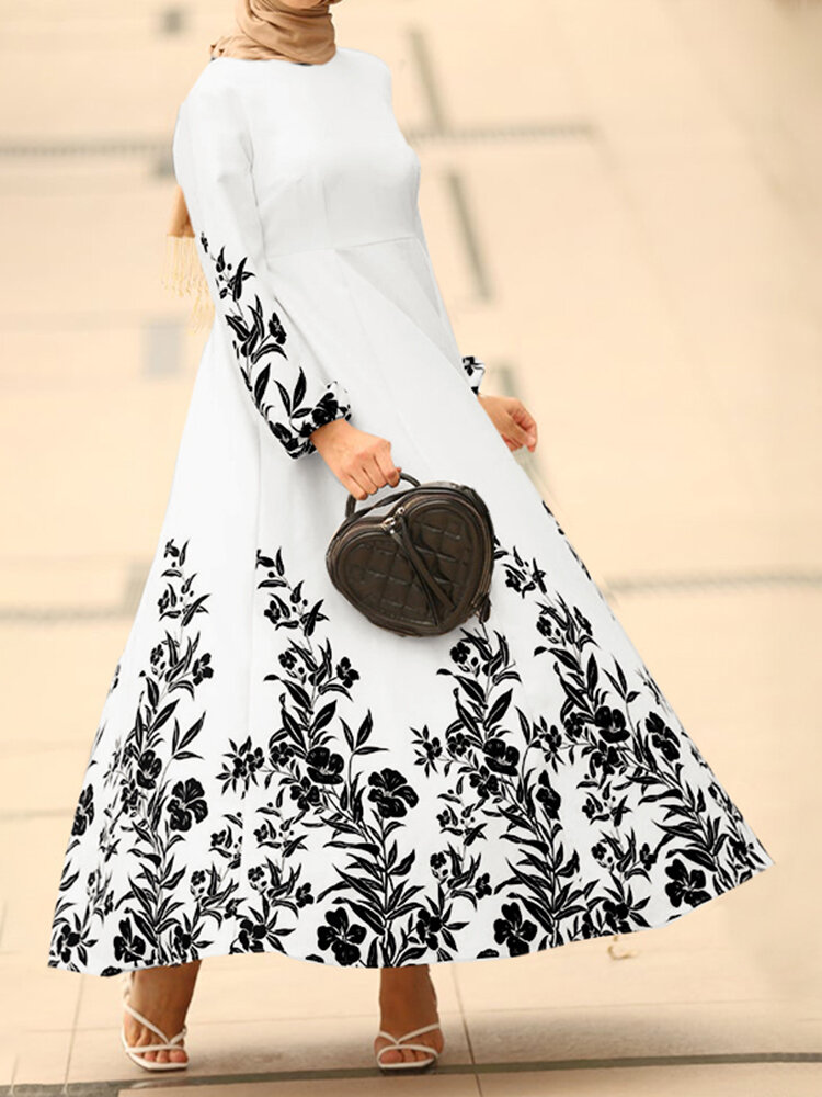 Maxi-jurk met lange mouwen en ronde hals met bloemenprint