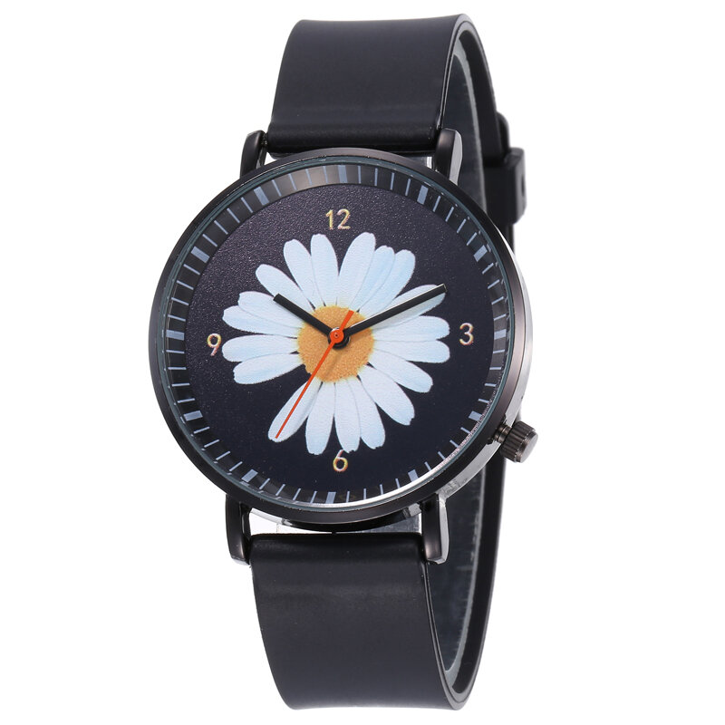 

B0108 Fashion Cute Women Watches Large Three-Hand Dial Black Three-Dimensional Little Daisy Quartz Watch