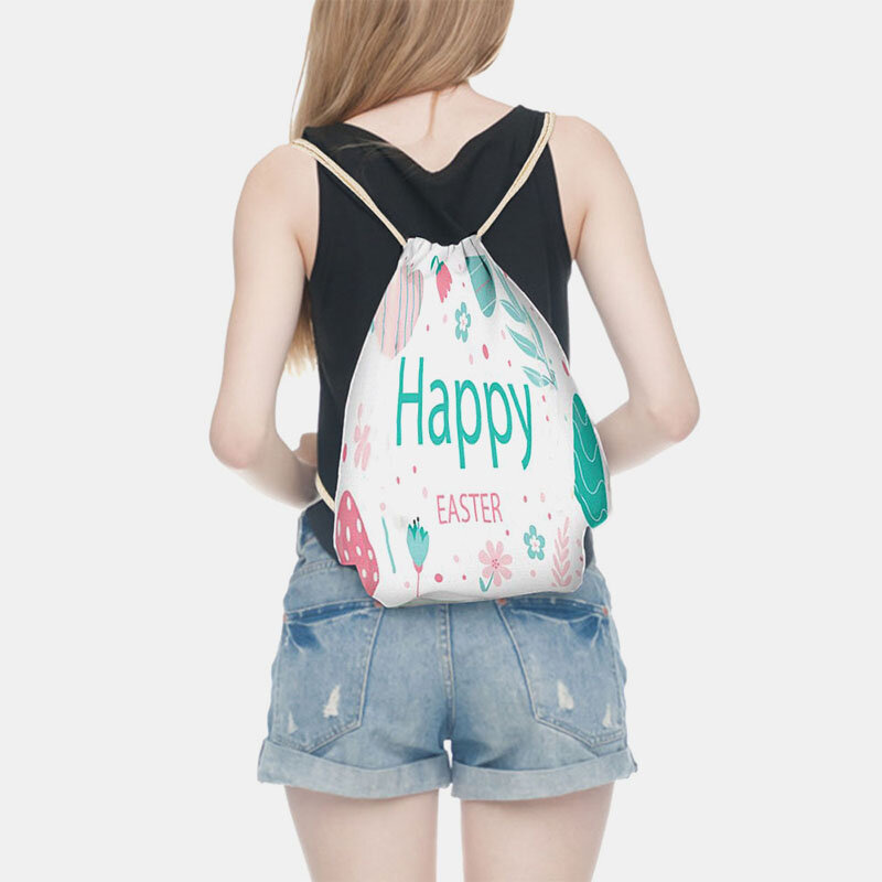 

Women Nylon Cute Rabbit Colorful Eggs Happy Easter Drawsting Gift Bag Backpack