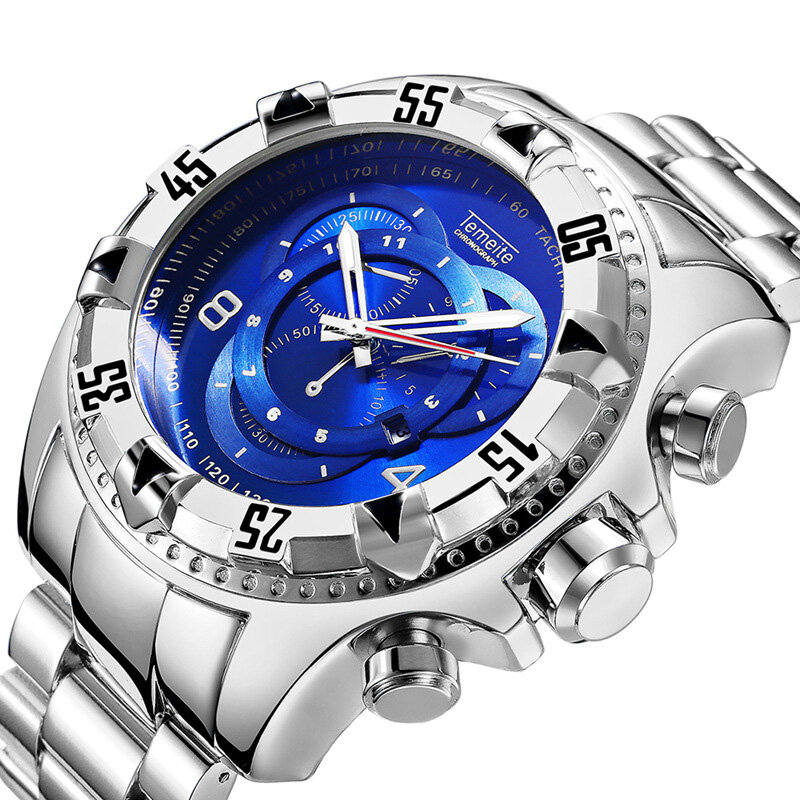 

TEMEITE 020G Men Watch Business Waterproof Luminous Stainless Steel Calendar Three-eyes Quartz Watch