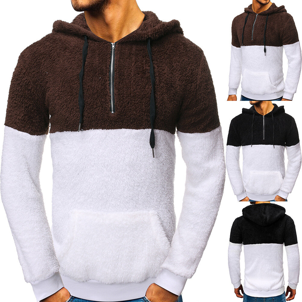 Atumn Winter Hoodie Men Zip Knitted Hooded Long Sleeve Plush Color Block Male Thicken Casual Sport Street Wear
