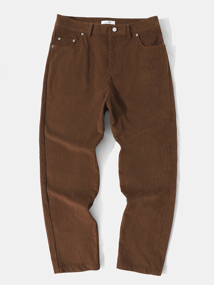 Men Corduroy Solid Letter Zipper Ankle Length Casual Pockets Pants