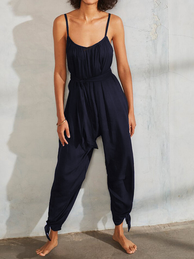 women solid color spaghetti straps pleated harem jumpsuit at Banggood