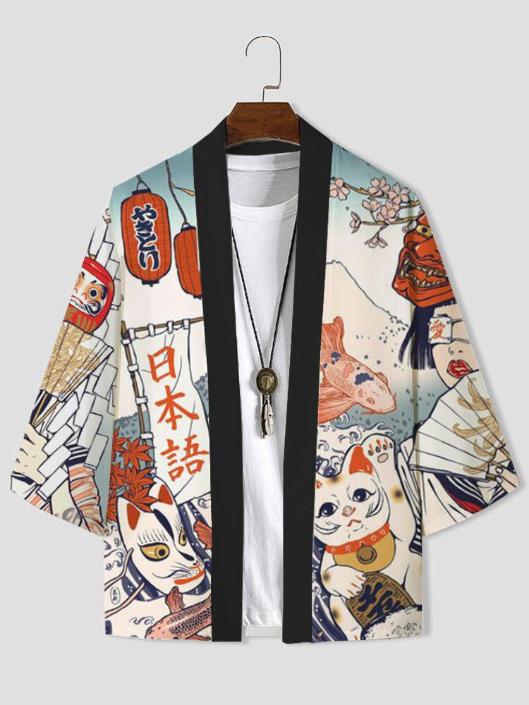 

Мужская японская фигура Ukiyoe Print Loose 3/4 Sleeve Kimono